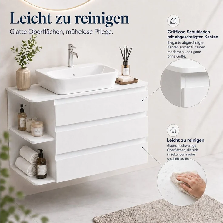 Yorbay Waschbeckenschrank Wandhängend Unterschrank, mit 3 Soft Close Schubladen, Seitenregal Waschtischunterschrank 80 cm, Weiß, Waschbecken exklusive – Bild 3