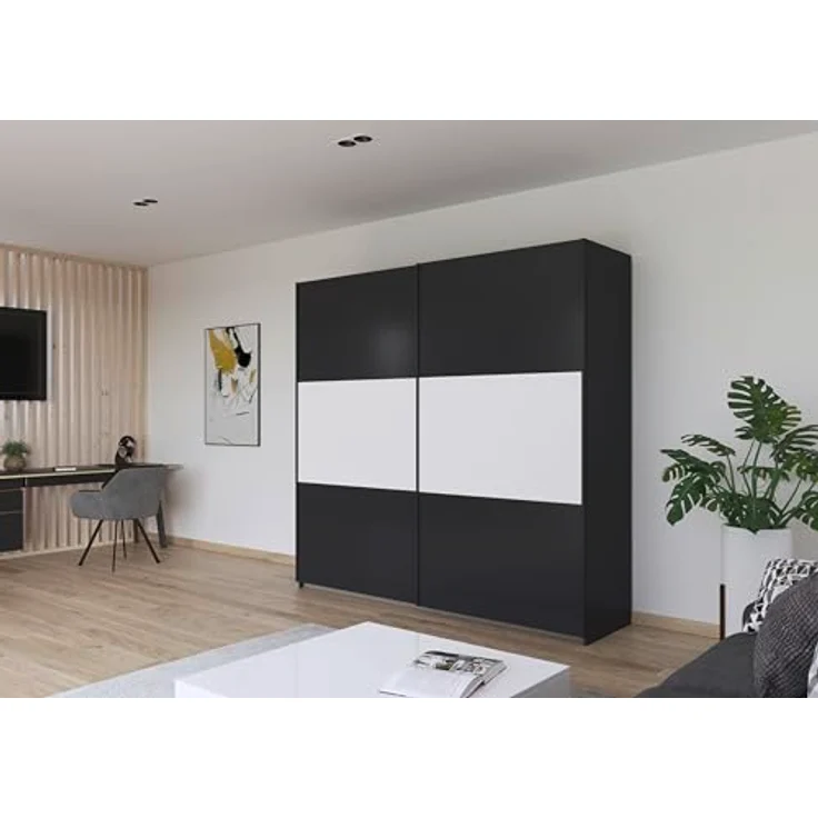 Rauch Möbel Neo, Schwebetürenschrank, Kleiderschrank, Kleiderschränke, Garderobe, Schrank mit Stauraum, 2-türig, Farbe Grau-metallic/Alpinweiß, 218 x 210 x 59 cm – Bild 3