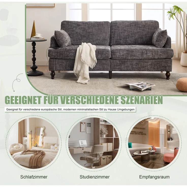 2-sitziges Chenille-Sofa mit USB-Ladeanschluss, LED-Licht und Aufbewahrungstasche in Grau – Bild 7