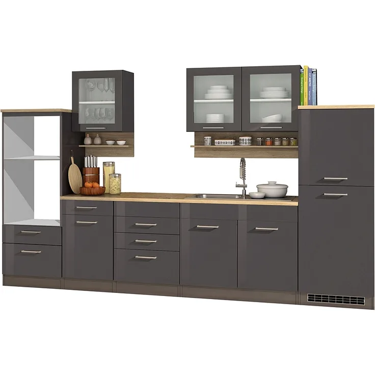 Küchenzeile 330 cm grau MARANELLO-03 , Anthrazit Hochglanz, ohne E-Geräte B x H x T ca. 330 x 200 x 60cm