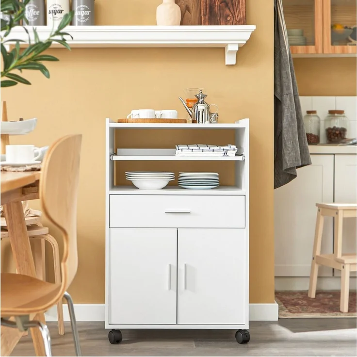 SoBuy Küchenwagen FSB09, Servierwagen mit Arbeitsplatte Aufbewahrungsschrank, Küchenschrank Rollschrank Mikrowellenschrank mit Ablagen und 2 Türen – Bild 1