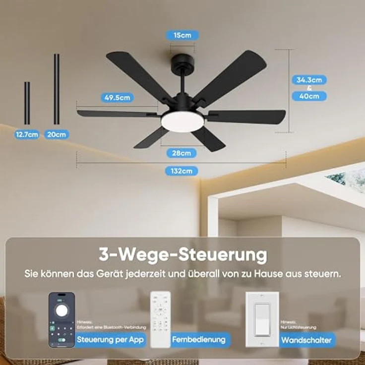 ROTTOGOON Deckenventilator mit Beleuchtung 132cm, Doppelseitige Flügeln – Bild 6