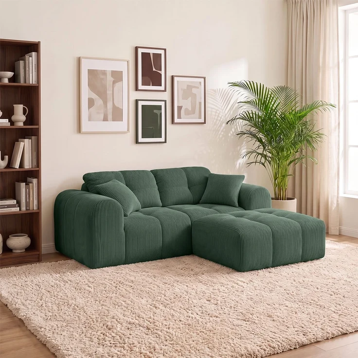 skølm 'Vanaheim' Sofa 2 Sitzer mit Hocker & 2 Kissen, Cloud Sofa dunkelgrün, Cord, Vollschaumcouch mit Federkern und Vakuum-Kompression, kein Aufbau erforderlich – Bild 4