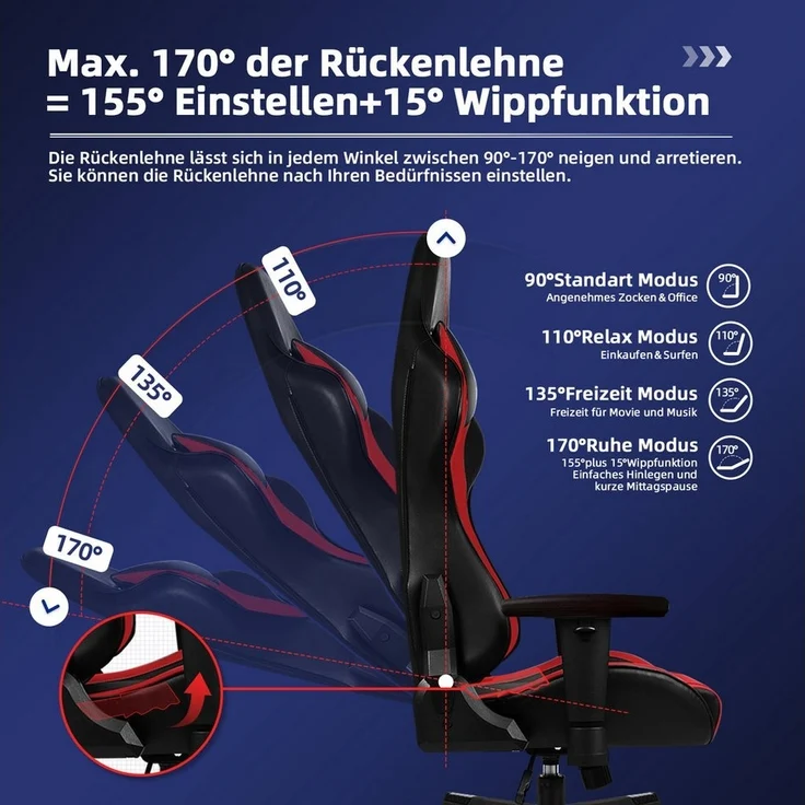 Hiazurm Gaming-Stuhl Gaming Stuhl, Bürostuhl Ergonomisch Wippfunktion bis zu 170° (Gaming Chair mit gepolsterten Armlehnen, 10 cm Höhenverstellung), Verstellbarem Lenden- & Kopfkissen, Gamer Stuhl 150kg Belastbarkeit – Bild 2
