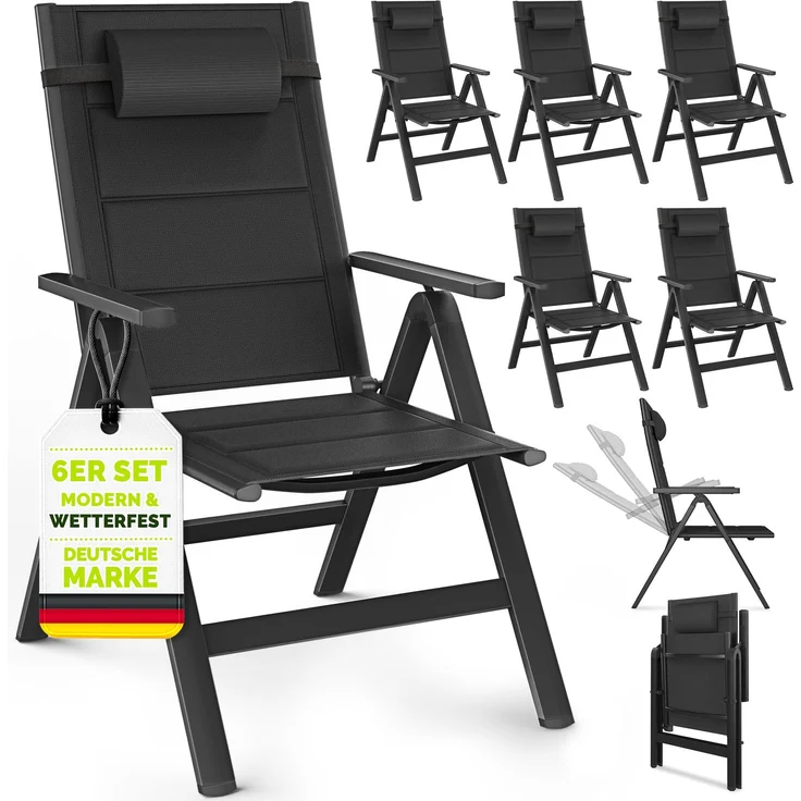 tillvex Gartenstuhl mit Polster Premium 6 Stück Schwarz klappbar aus Aluminium | Hochlehner mit Armlehnen | Klappstuhl verstellbar | Klappsessel Balkon Garten Terrasse – Bild 1