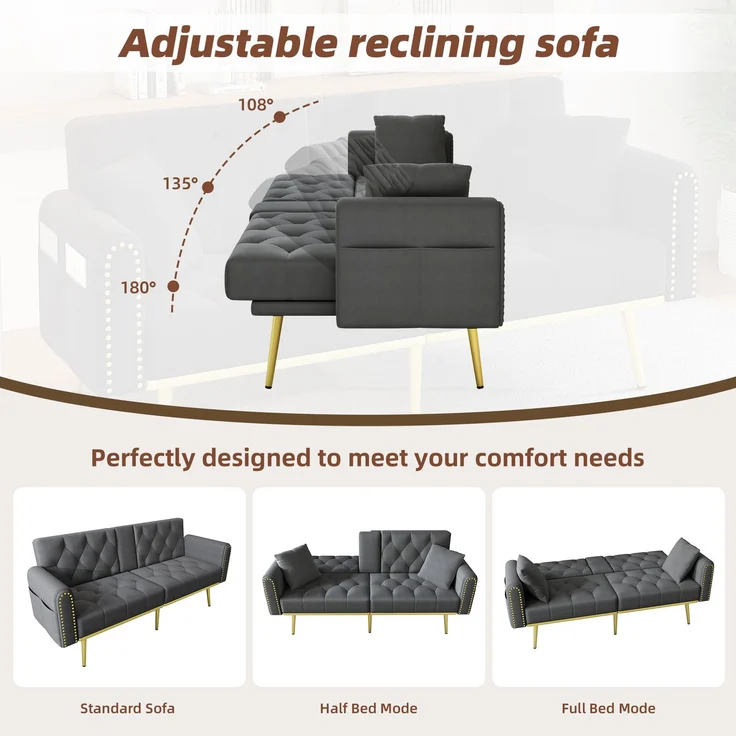 ZUBALIYA Schlafsofa 80x73.5 cm, mit LED - Beleuchtung, mit Stauraum, mit Leiter, mit Samtbezug, mit breiten Armlehnen, Gold – Bild 6