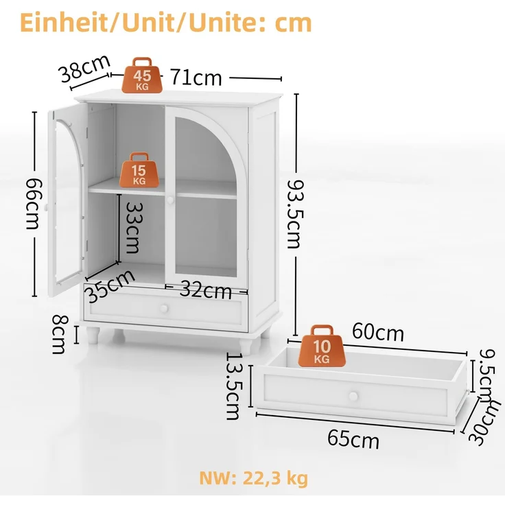 DESVIAE Sideboard Weiß aus MDF/Glas – 71x98,5x38 cm – Glastüren, Schublade – Bild 10
