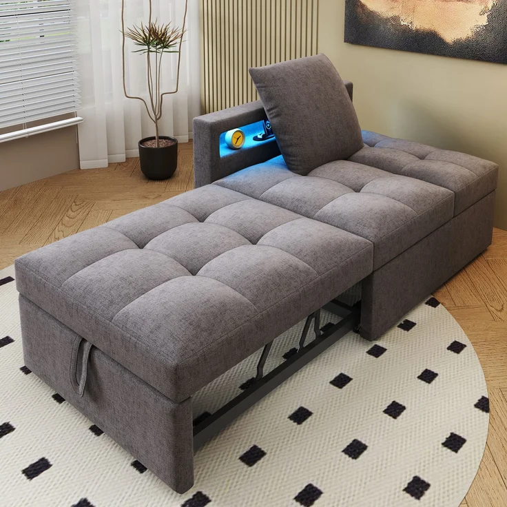 Merax Polsterbett Schlafsofa 3 in 1 Multifunktions-Schlafsofa, Leinenstoffsofa mit verstellbarer Rückenlehne, Die Armlehne verfügt über LED-Lichtleisten und USB-/Typ-C-Anschlüsse, Dunkelgrau – Bild 2