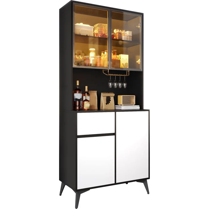 U-life Hochschrank, fürs Wohnzimmer, Vitrine, Anrichte, Sideboard, Esszimmerschrank, MDF, Schwarz – Bild 2