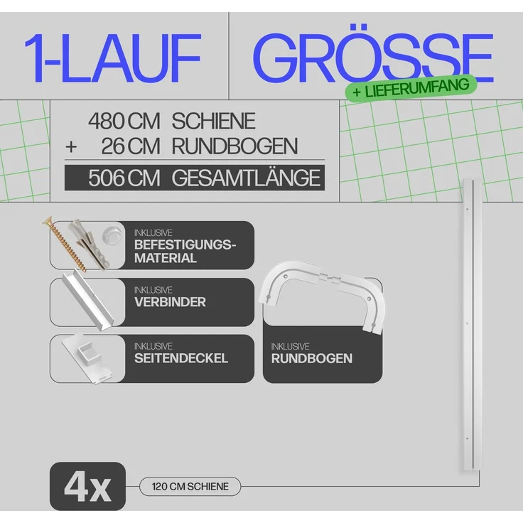Bestlivings Gardinenschiene ( Weiß ) 480cm (4x120cm) 1-läufig + 2er Set Rundbogen – Bild 3