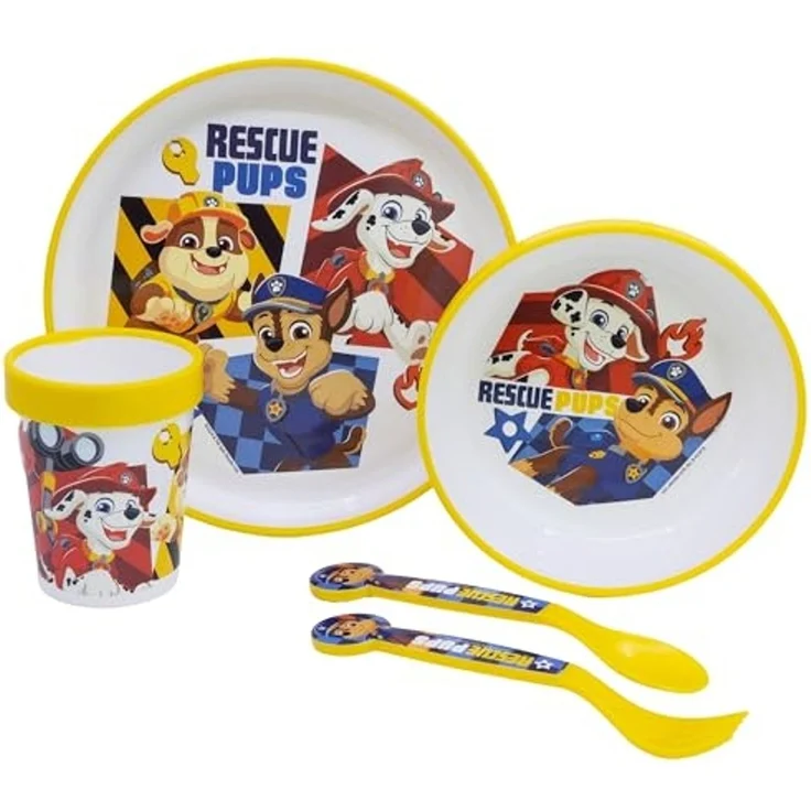 Paw Patrol Kindergeschirr Set 5-teilig Rutschfestes Ess-Set mit Teller, Schüssel, Becher & Besteck – Bild 2