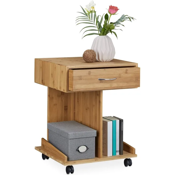 Relaxdays Beistelltisch mit Rollen ROLLI Bambus
