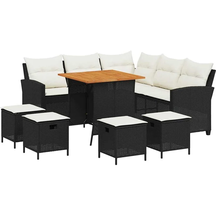 vidaXL 6tlg. Garten-Sofagarnitur mit Kissen L-Form Schwarz Poly Rattan 3213540 – Bild 2
