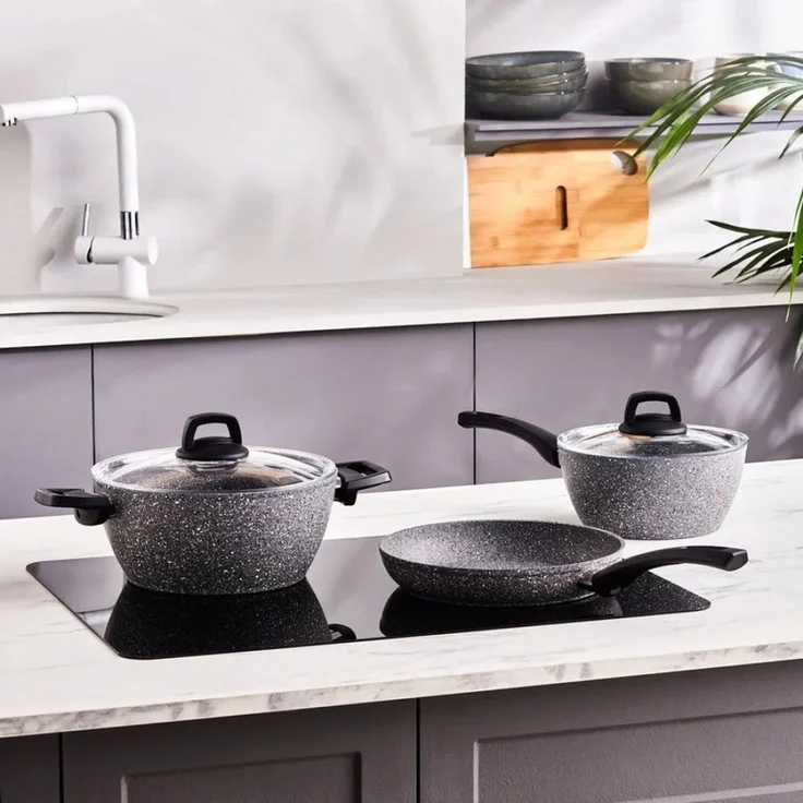 Karaca Topf-Set Karaca Gris Biogranite Induktion-Basis Kochgeschirr-Set, 5 Teilig, Bratpfanne Kochgeschirr Bratentopf Fleischtopf Stieltopf Pfanne – Bild 2