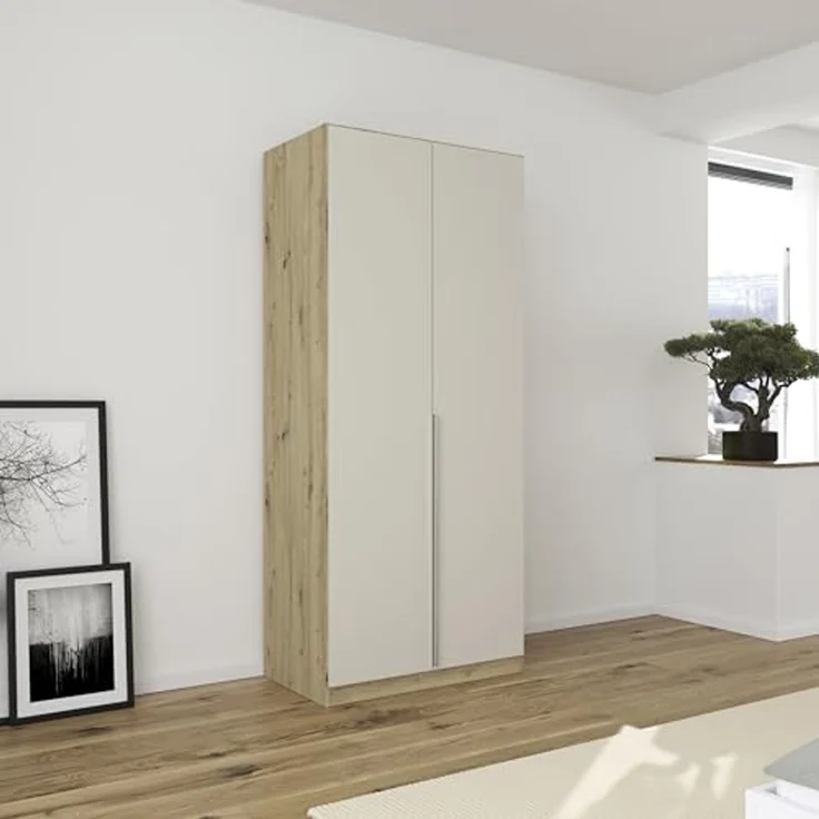 Rauch Möbel Alabama, Kleiderschrank für Schlafzimmer, Kinderzimmer, Wohnzimmer, Garderobe, Flur, 2-türig, mit Zubehör Classic, Farbe Beige/Eiche Artisan. Holz, Breite 91 cm – Bild 2