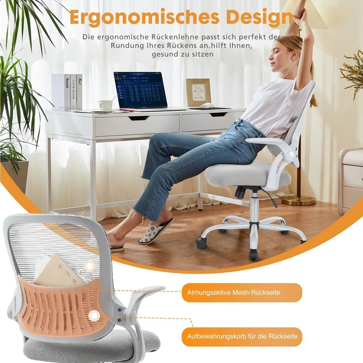 DUMOS Bürostuhl Ergonomisch, Schreibtischstuhl mit Lendenwirbelstütze, Verstellbaren Armlehnen Drehstuhl, Höhenverstellbarer Office Chair, Bürostühle Geeignet für Büro und Schlafzimmer (Grau) – Bild 4