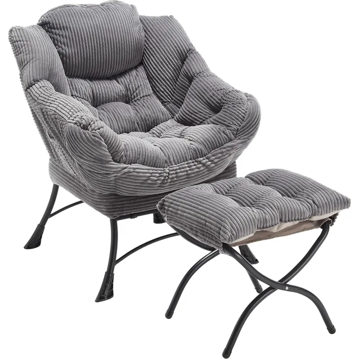 FurnitureR 1-Pack Grey Lounge Chair with Ottoman, Comfortable Tufted Cushion, Soft Corduroy Upholstery, Modern Relaxation Set, Durable Metal Frame, Living Room