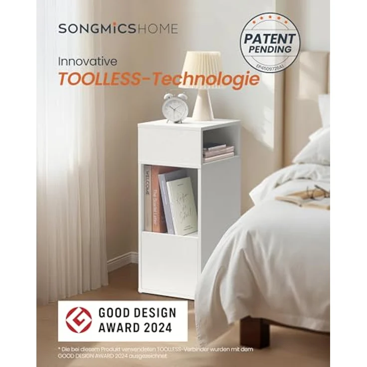 SONGMICS HOME Nachttisch, Toolless-Technologie, superschnelle werkzeuglose Montage, Nachtschrank, 2 offene Fächer, 1 Schublade, Beistelltisch, 30 x 25 x 59,4 cm, schneeweiß LET911WE01 – Bild 4