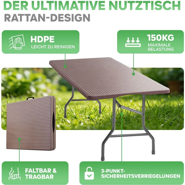 Eiryss Klappbarer Gartentisch 180x70cm, Outdoor Campingtisch für 8, braun mit Rattanoptik-Kunststoffplatte, Metallrahmen, 150kg, 3 Sicherheitsschlösser, leichter Buffetstisch für Garten, Balkon, Picknick – Bild 10