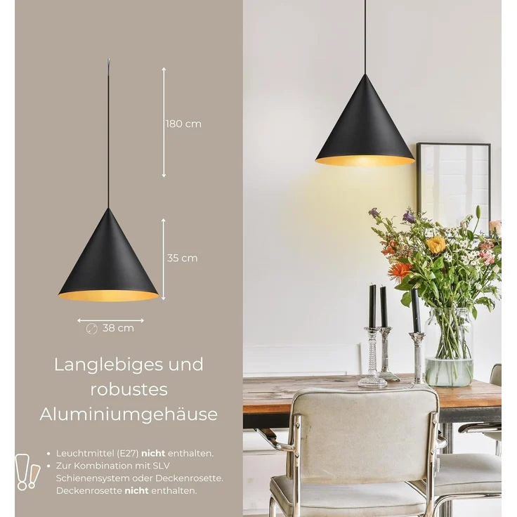 SLV MAGICO 38, Pendelleuchte, E27, Pendellänge 180cm, 1x max. 10W, matt schwarz / gold - Pendelleuchten – Bild 4
