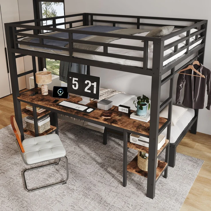 EINHOM Metallbett 140 x 200 / 90 x 200 cm in Schwarz, Etagenbett mit Schreibtisch, Kleiderstange, Beidseitiger Leiter und Integrierter Ladestation (Ohne Matratze) – Bild 2