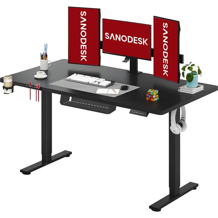 SANODESK Höhenverstellbarer Schreibtisch 160x60 cm mit Memory-Funktion, Elektrischer Steh-Sitz Tisch für Heimbüro, Ergonomischer Computertisch mit Modernem Design und Vierteiliger Tischplatte – Bild 1