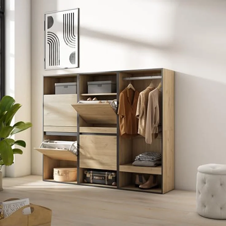 Skraut Home | Schuhregal, Schuhschrank | Schuhaufbewahrung | 180x145x35 cm | Für Schlafzimmer, Zimmer | Offener Kleiderschrank | Moderner Stil | Eiche – Bild 4