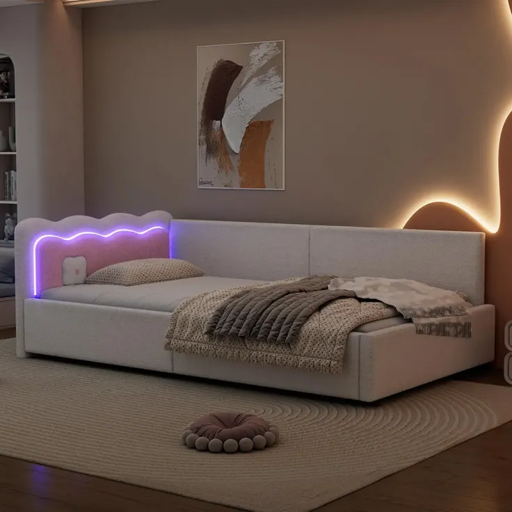 Schlafsofa mit LED-Beleuchtung und Lattenrost, 90x200 cm, Polsterbett, Einzelbett, Jugendbett, Vlies – Bild 2