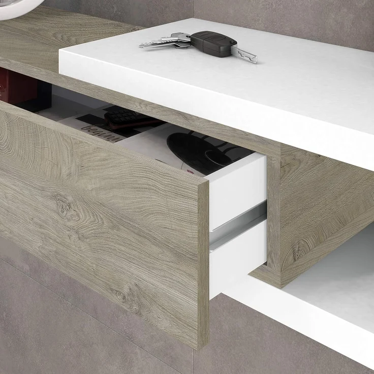 Flur mit Schublade und Spiegel, Eingangsmöbel, Modell Noon, Ausführung in Artik White und Alaska Oak, Maße: 95 cm (Breite) x 19 cm (Höhe) x 26 cm (Tiefe) – Bild 4
