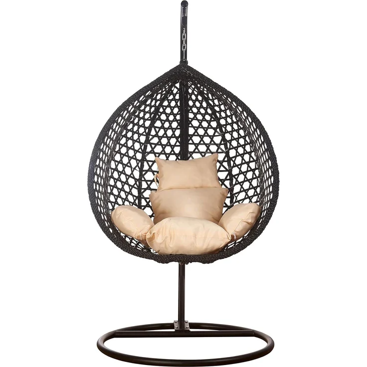 Luxus Hängesessel Style XXL Rattan Korb Gestell Schwarz mit Relaxkissen Beige – Bild 2