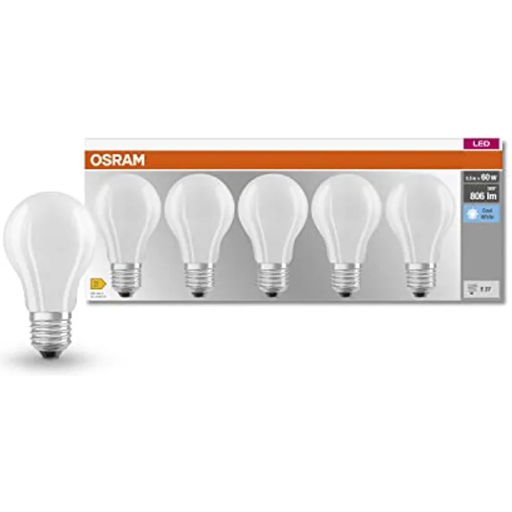 OSRAM LED-Lampe E27 Base Classic A, 6,5W, 4.000K, matt, 5er Pack