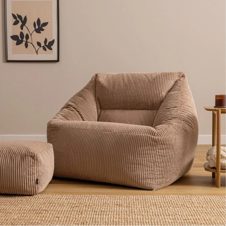 Icon Natalia Sitzsack Sessel mit Hocker für Erwachsene, Mokkabraun, Flauschiger Cord Stoff, Riesen Sitzsack Cord mit Füllung, Bean Bag Chair, Bequemer Sessel Wohnzimmer, Lounge, Schlafzimmer, Büro – Bild 2