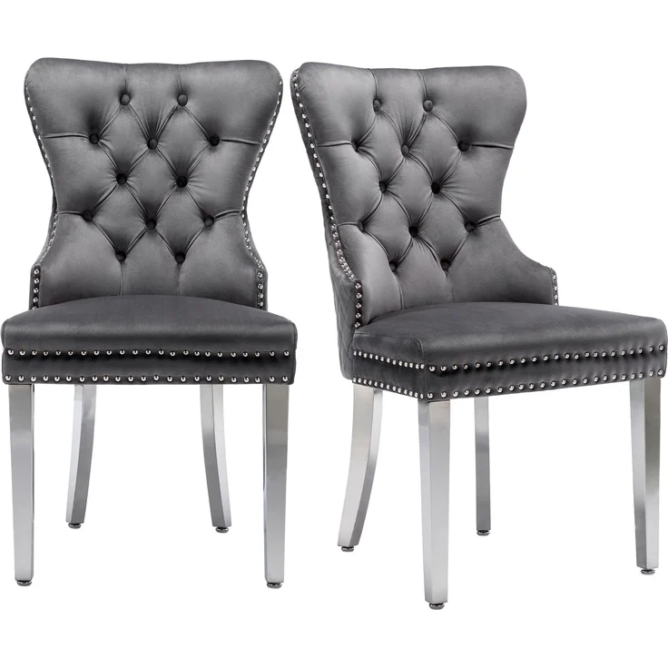 2er Set Esszimmerstuhl Samt gepolstert Massivholz & Metall, modernes Design mit Pin-Kopf Dekoration,Grau – Bild 10