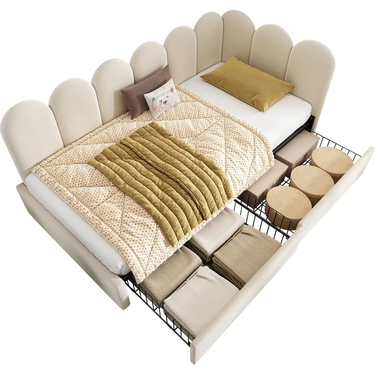 EINHOM Polsterbett Einzelbett mit Schubladen Stauraumbett Samt Daybett Tagesbett Schlafsofa 90 x 190 cm mit Lattenrost Jugendbett und Erwachsene Kinderbett, Beige (Ohne Matratze) – Bild 6
