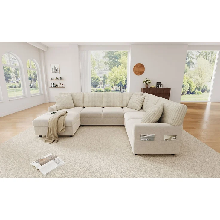 ZUBALIYA Modulare Wohnlandschaft, mit USB-C-Anschluss, H 83 × T 196 × B 249 cm, Beige, Chenille / Cord – Bild 9