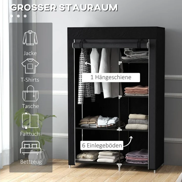 MODFU Stoffschrank Stoffkleiderschrank Schwarz, 103x43x162,5 cm, 6 Fächer, Vliesoptik (Packung, 1-St, Faltbare Faltgarderobe für Kleidung & Accessoires) Platzsparender Garderobenschrank für Schlafzimmer, WG & Camping – Bild 4