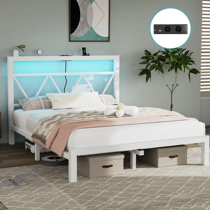 oyajia Metallbett Bettgestell mit LED-Beleuchtung, 90x200/140x200/160x200cm (mit aufladen USB Ladefunktion Kopfteil, 2AC + USB & TYPE-C,Minimalistischer), Ohne Matratze, Reichweite Speicher, Weiß – Bild 1
