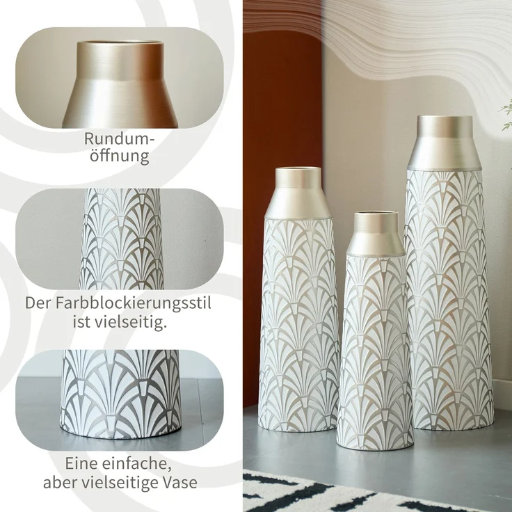 Metallbodenvasen 3er Set, Halbhandgefertigte Stehvasen mit Fächer-Muster, Moderne Weiß-Silberne Dekovasen für Wohnzimmer, Flur, Eingangsbereich, 43,5/51/61 cm Höhe--Silber--24.36x23.48x66.54cm--YOUDENOVA – Bild 6
