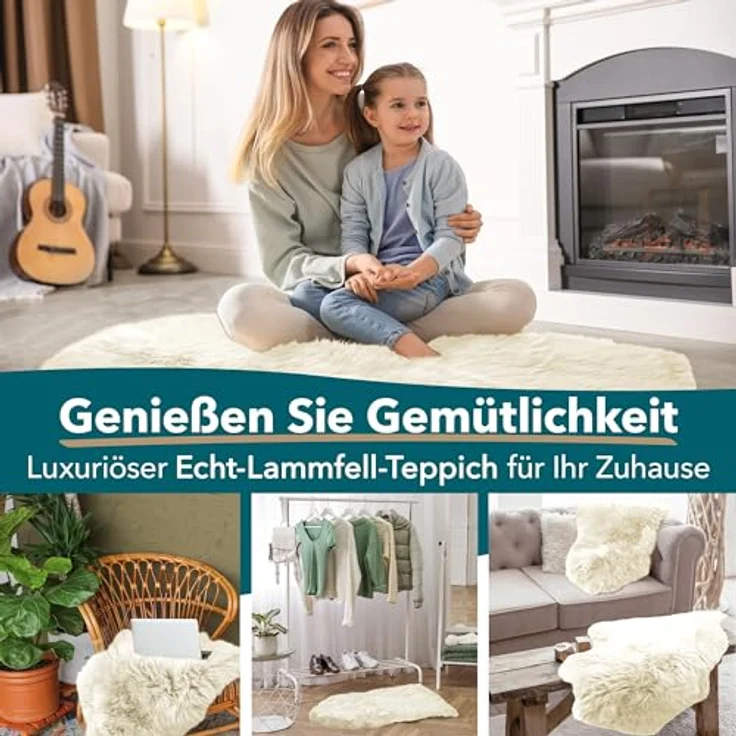 KARAT Lammfell echt - Ivory Flauschige Stuhlkissen Schaffell Deko Teppich für Wohzimmer & Kinderzimmer, Sitzauflage, Dekofell, mit Lederrücken 90x60 cm (Audrey) – Bild 5