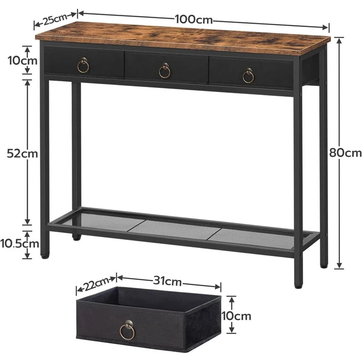 Hoobro Konsolentisch (100×25×80 cm mit 3 Schubladen, Flurtisch aus Holz & Metall), Beistelltisch im Industrie-Design – Bild 2