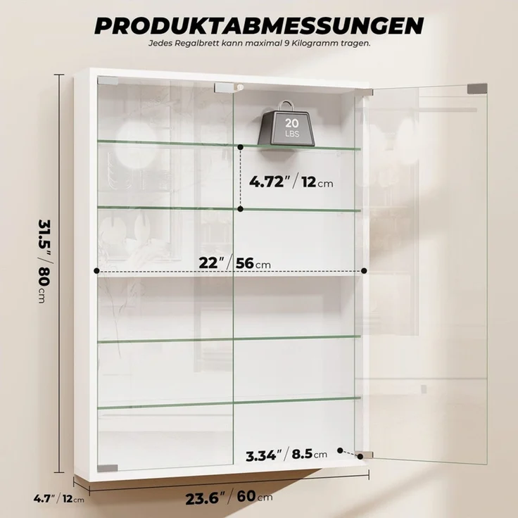 Hängevitrine 60x12x80 cm, Wandvitrine mit 6 verstellbaren Glasböden, LED-Beleuchtung und Sensor, Weiß – Bild 4