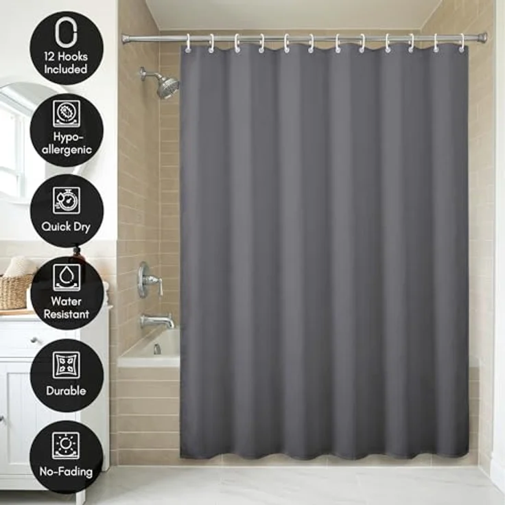 Americanflat Duschvorhang, 100% Polyester, wasserabweisend, mit Metallösen und 12 Duschvorhangringen, Lange Duschvorhänge für Badezimmer, 71 x 74 cm, Grau – Bild 4