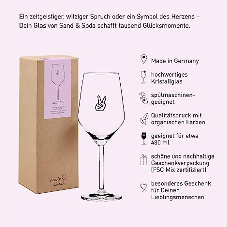 Sand & Soda 9500008 Modernes Weinglas mit trendigem Motiv Peace, Geschenkbox – Made in Germany – Bild 5