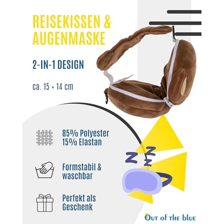 Plüsch Reisekissen für Kinder mit Augenmaske verschiedene Ausführungen 2in1 Affe – Bild 3