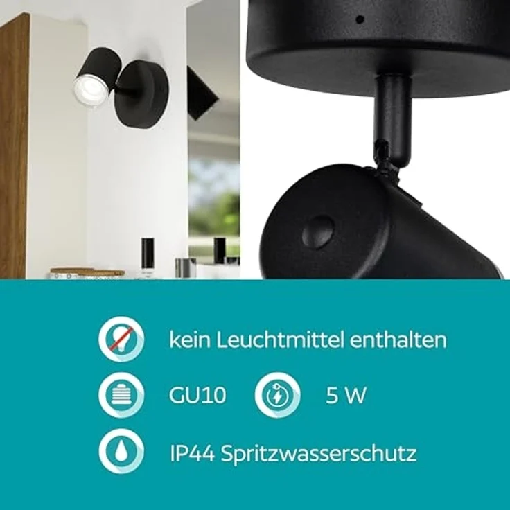 EGLO Deckenleuchte CONSUMA 1 Spotlampe - Stahl - GU10 - 1X5W - IP44, ohne Leuchtmittel, Wandleuchte, Wandspot, schwenkbar, Strahler, L11 x H11,5 x AL13 cm – Bild 5