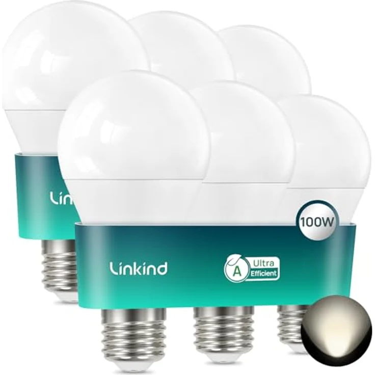 Linkind 7.2W LED E27 100W, A-Klasse Lampe A60 7,2W ersetzt 100W, 1521 lm Extra hell, 4000K Neutralweiß, 50,000 Std. Leuchtdauer, Energiesparlampe E27 Glühbirne Matt, 6 Stück – Bild 2