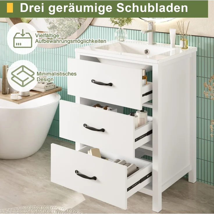 Waschtisch 61 x 47 x 83 cm mit Keramikbecken und 3 Schubladen, Weiß – Bild 5