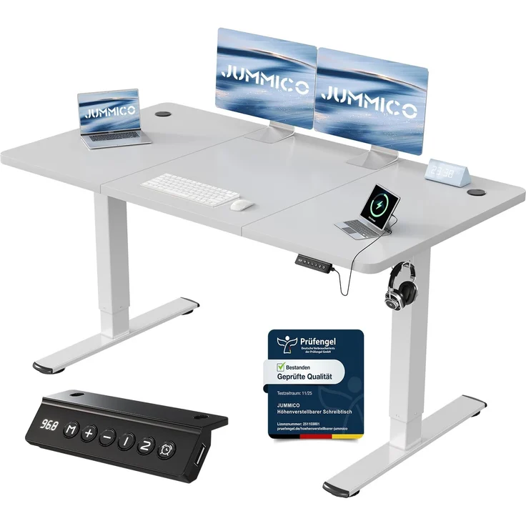 JUMMICO Schreibtisch elektrisch höhenverstellbar mit USB-Ladeanschluss, Braun, 140x60 cm