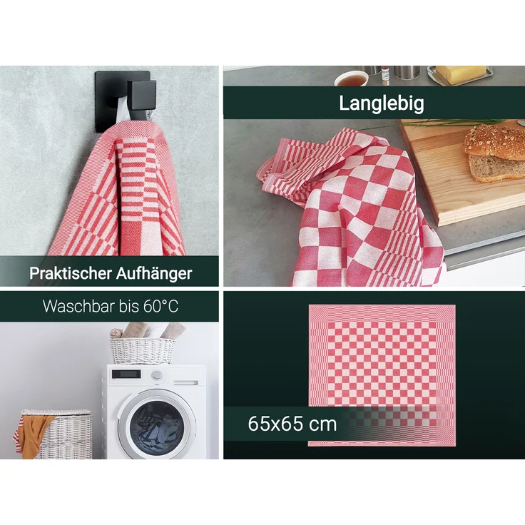 ZOLLNER 6er Set Geschirrtücher, 65x65 cm, 100% Baumwolle, rot kariert – Bild 3
