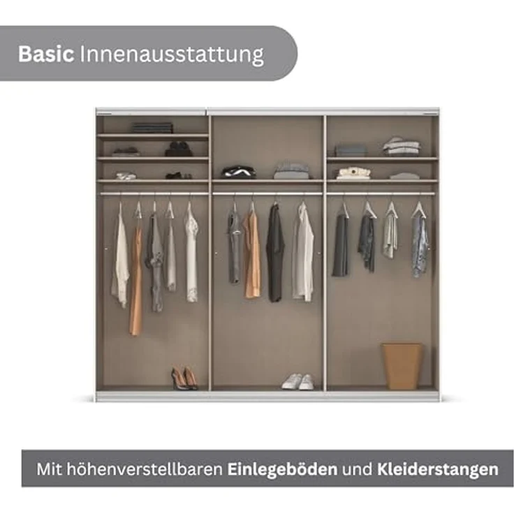 Rauch Möbel Kulmbach, Kleiderschrank mit Schwebetüren für Schlafzimmer, Kinderzimmer, Jugendzimmer, Garderobe, Flur, 3-türig, mit Spiegel, Zubehör Basic, Farbe Grau metallic, Schwarz, Breite 271 cm – Bild 7